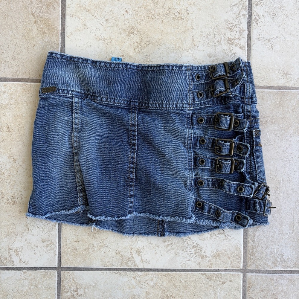 Vtg Y2K Low Rise Denim Micro Mini Skirt Buckle Strap Punk Alt Clubwear Size 26